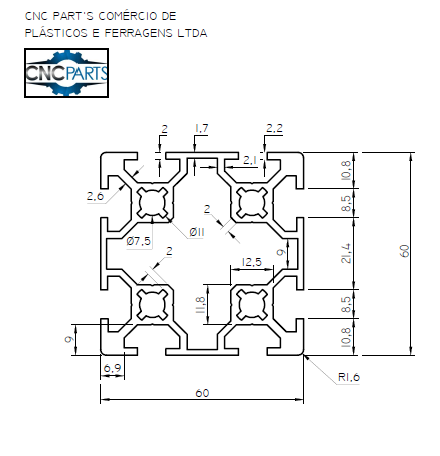 Perfil 60x60 Alumínio Estrutural - Cor Na...
