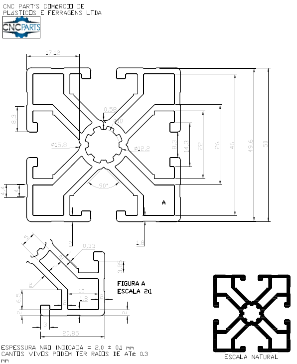 Perfil 50x50 Alumínio Estrutural - Cor Na...